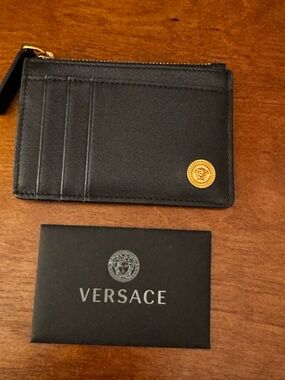 Versace Black Leather Card Case with Gold Medallion Accent NWOT